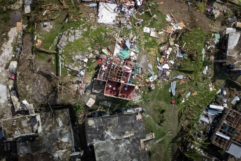 Aerial view of a wreckaged home caused by the typhoon